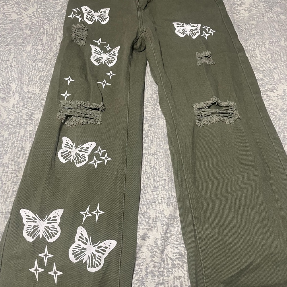 SHEIN Olive Green Butterfly Print Wide Leg Jeans